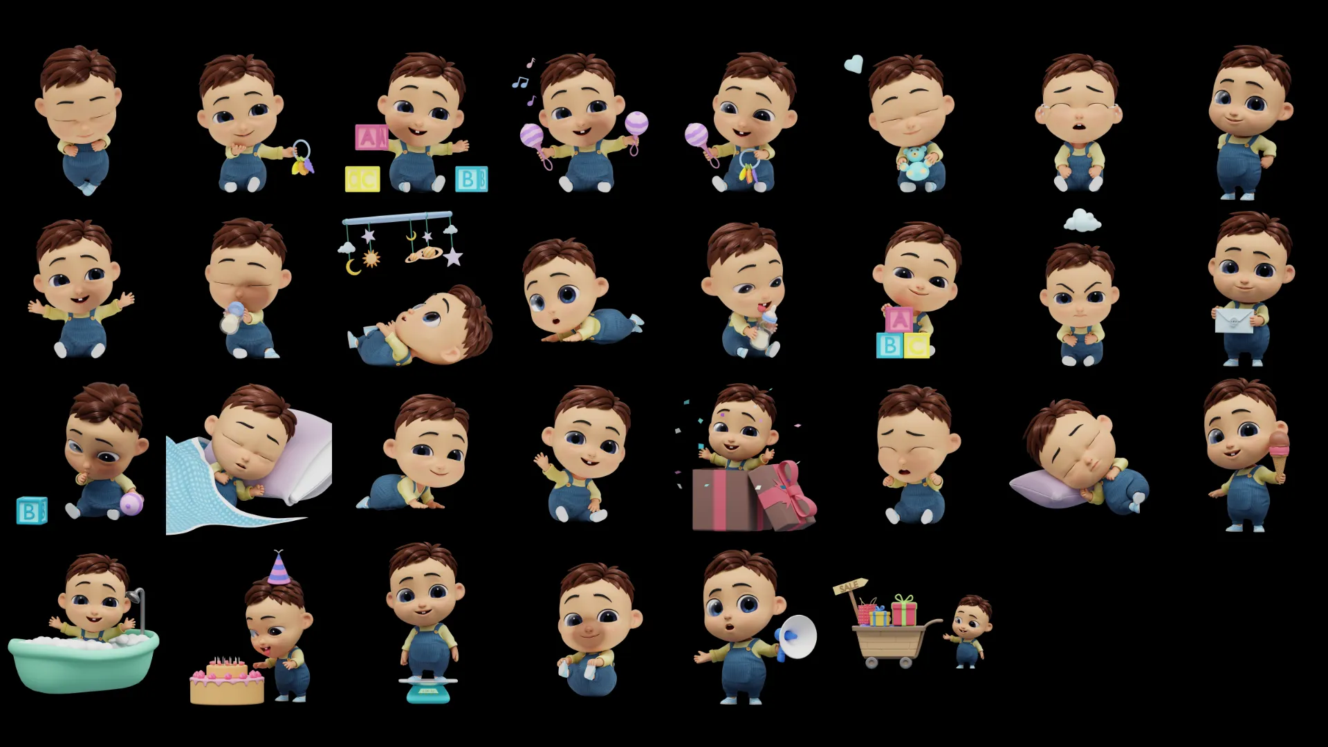 30 pre-made poses for cartoon baby boy 3D character